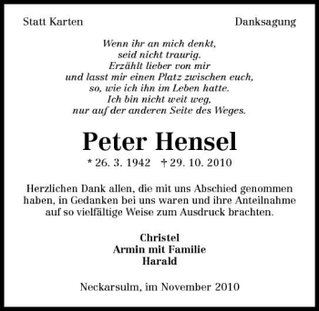 Traueranzeige von Peter Hensel 