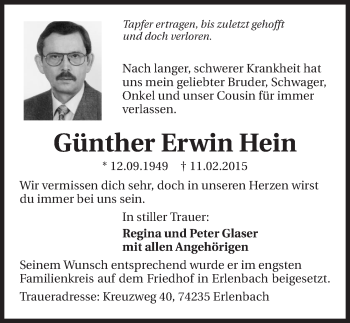 Traueranzeige von Günther Erwin Hein 