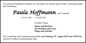 Traueranzeige von Paula Hoffmann 