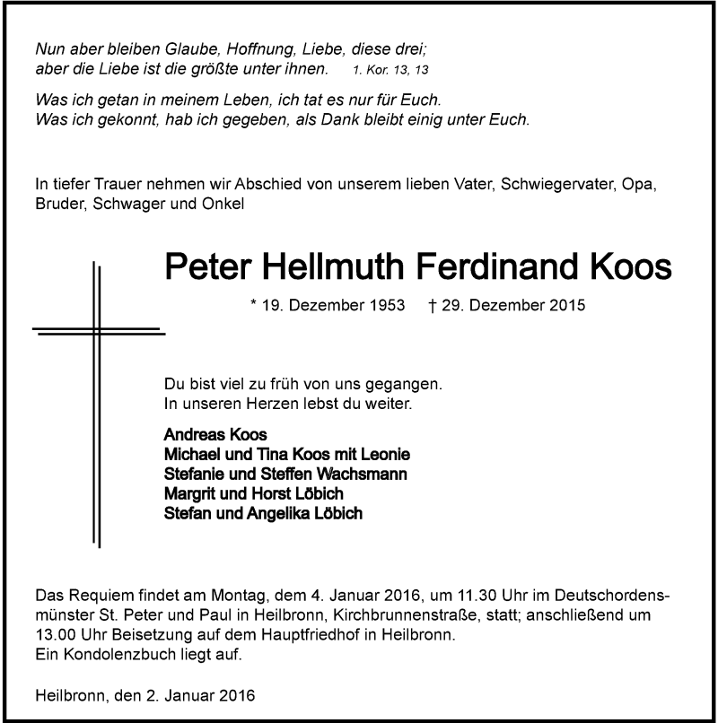  Traueranzeige für Peter Hellmuth Ferdinand Koos vom 02.01.2016 aus 