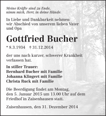 Traueranzeige von Gottfried Bucher 