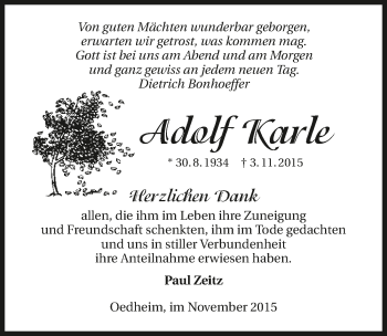 Traueranzeige von Adolf Karle 