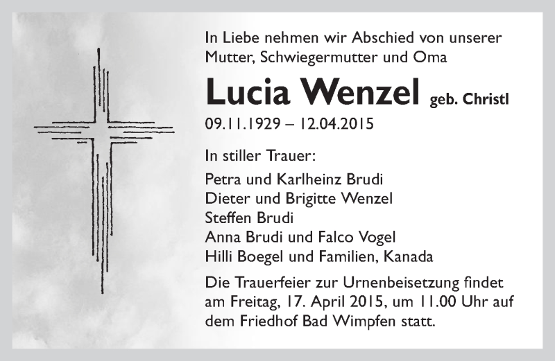  Traueranzeige für Lucia Wenzel vom 15.04.2015 aus 