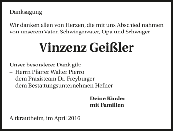 Traueranzeige von Vinzenz Geißler 
