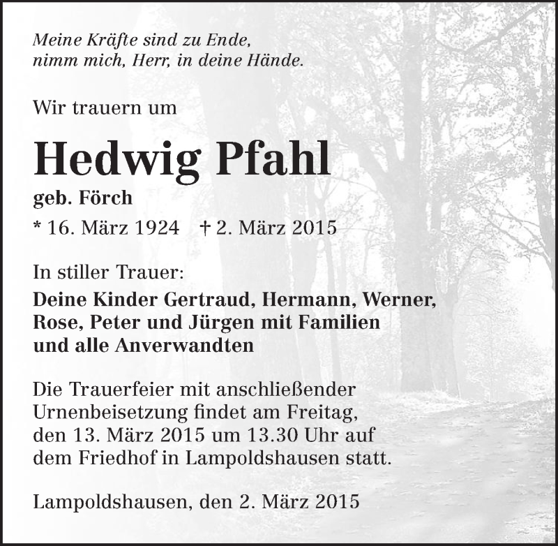  Traueranzeige für Hedwig Pfahl vom 11.03.2015 aus 