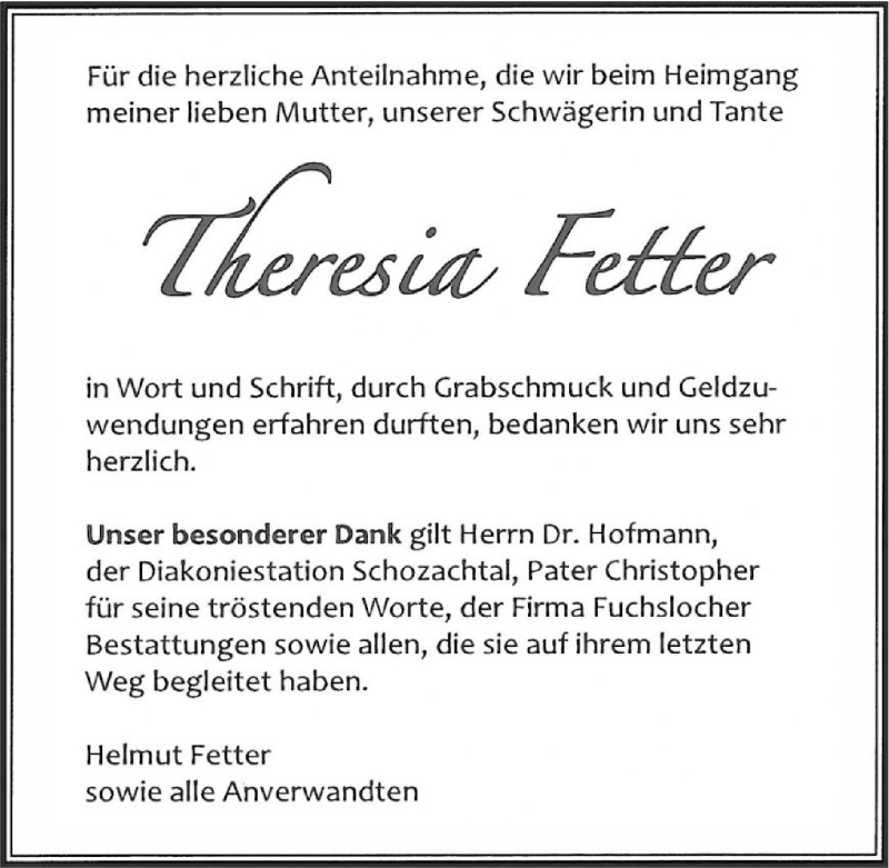  Traueranzeige für Theresia Fetter vom 11.06.2015 aus 