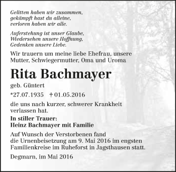 Traueranzeige von Rita Bachmayer 
