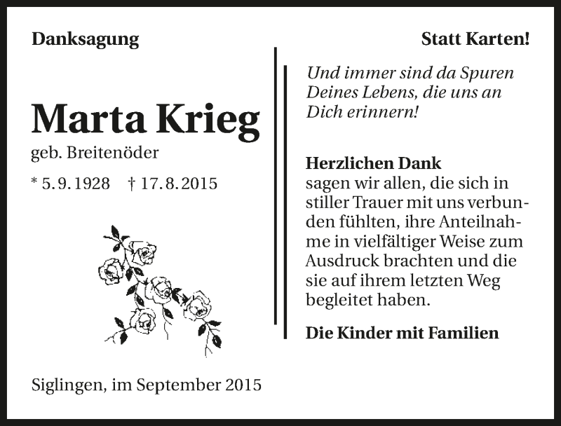  Traueranzeige für Marta Krieg vom 09.09.2015 aus 