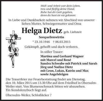 Traueranzeige von Helga Dietz 