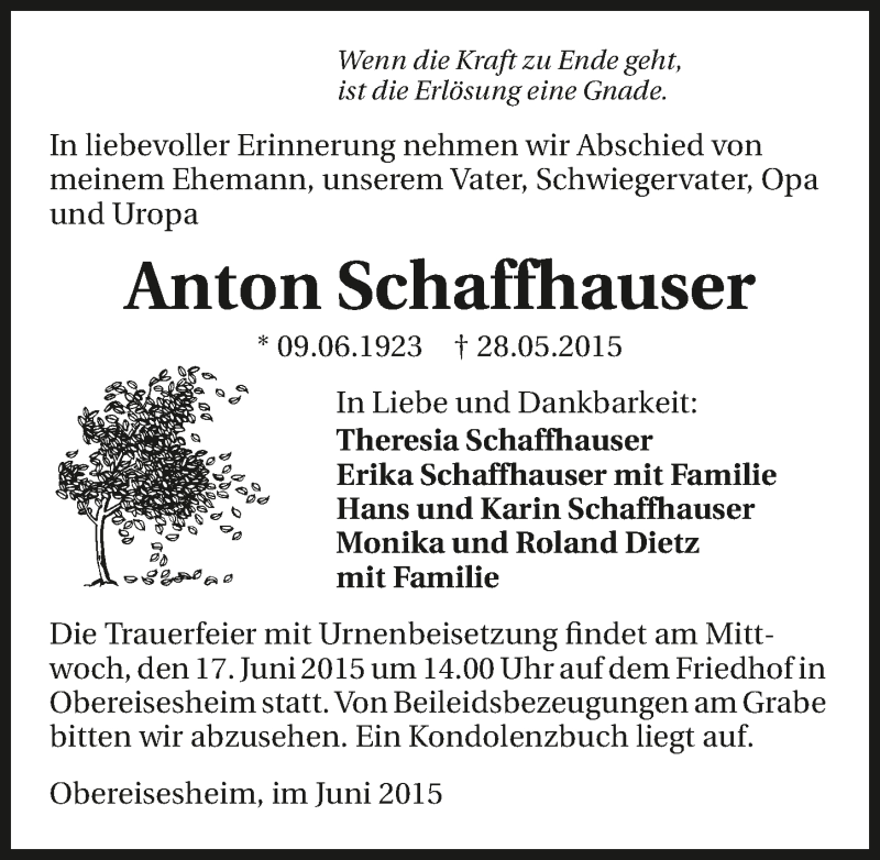  Traueranzeige für Anton Schaffhauser vom 13.06.2015 aus 