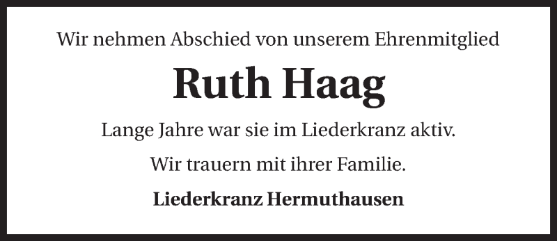  Traueranzeige für Ruth Haag vom 20.05.2015 aus 