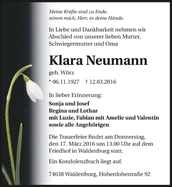 Traueranzeige von Klara Neumann 