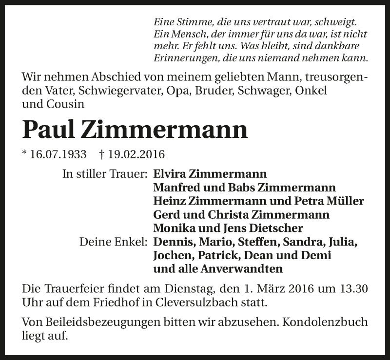  Traueranzeige für Paul Zimmermann vom 27.02.2016 aus 