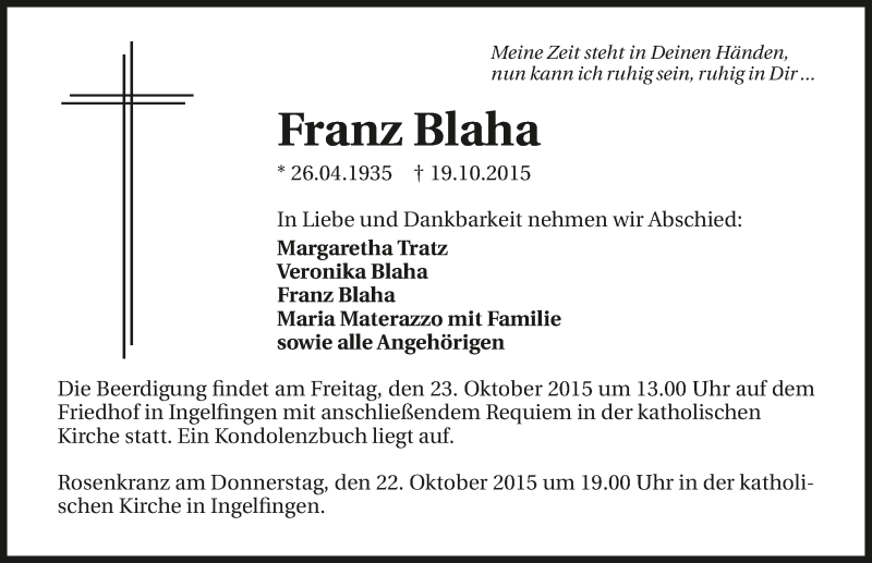  Traueranzeige für Franz Blaha vom 21.10.2015 aus 