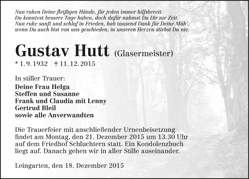  Traueranzeige für Gustav Hutt vom 17.12.2015 aus 
