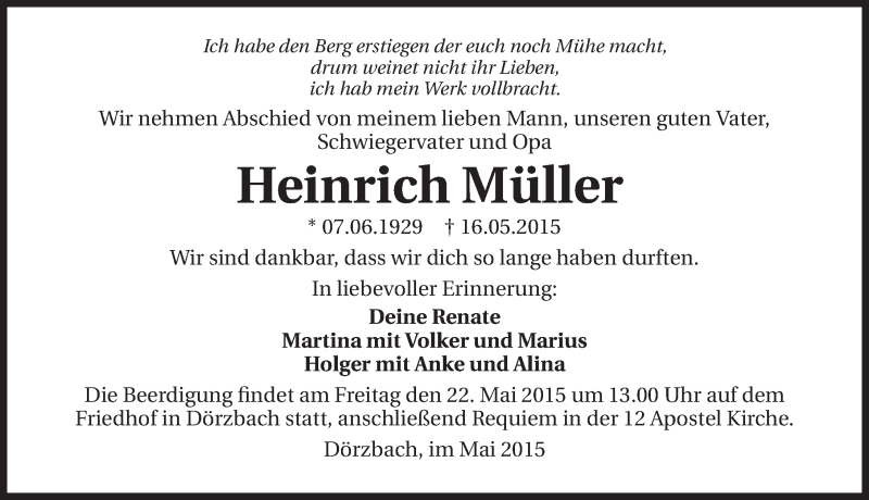  Traueranzeige für Heinrich Müller vom 20.05.2015 aus 
