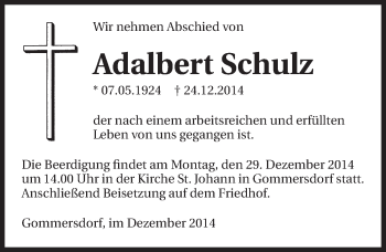 Traueranzeige von Adalbert Schulz 