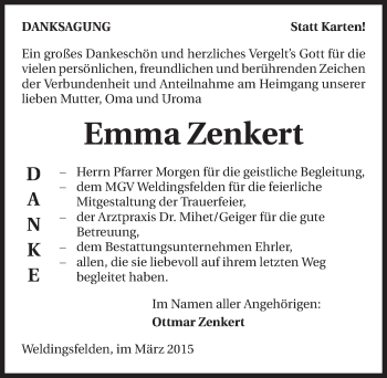 Traueranzeige von Emma Zenkert 