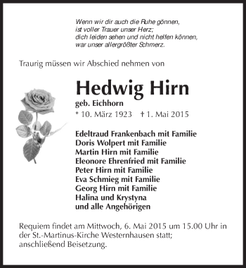 Traueranzeige von Hedwig Hirn 