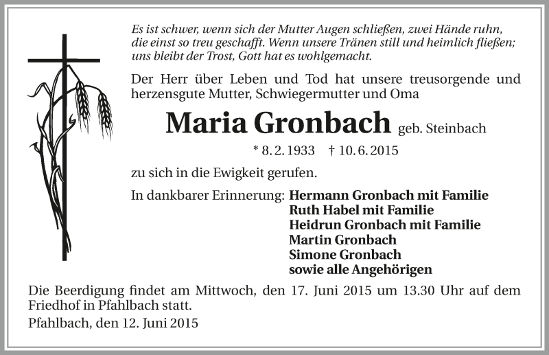  Traueranzeige für Maria Gronbach vom 13.06.2015 aus 