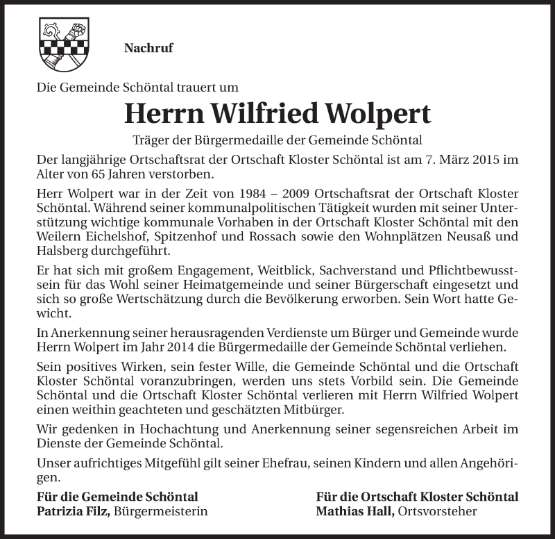  Traueranzeige für Wilfried Wolpert vom 11.03.2015 aus 