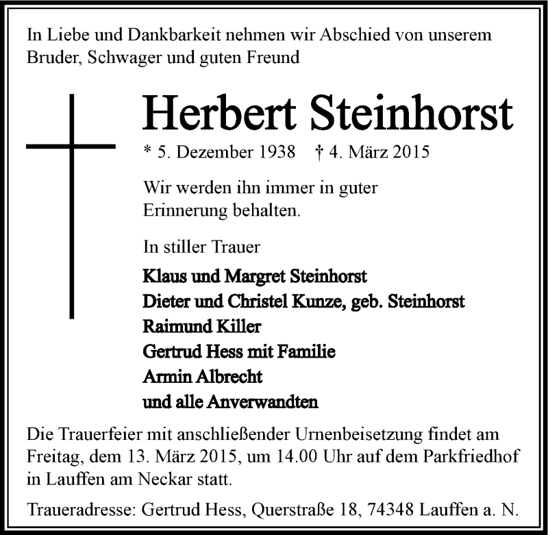  Traueranzeige für Herbert Steinhorst vom 10.03.2015 aus 