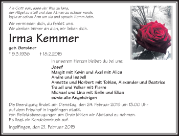Traueranzeige von Irma Kemmer 