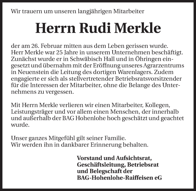  Traueranzeige für Rudi Merkle vom 04.03.2015 aus 