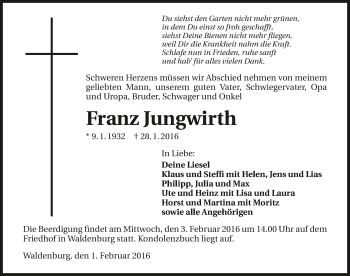 Traueranzeige von Franz Jungwirth 