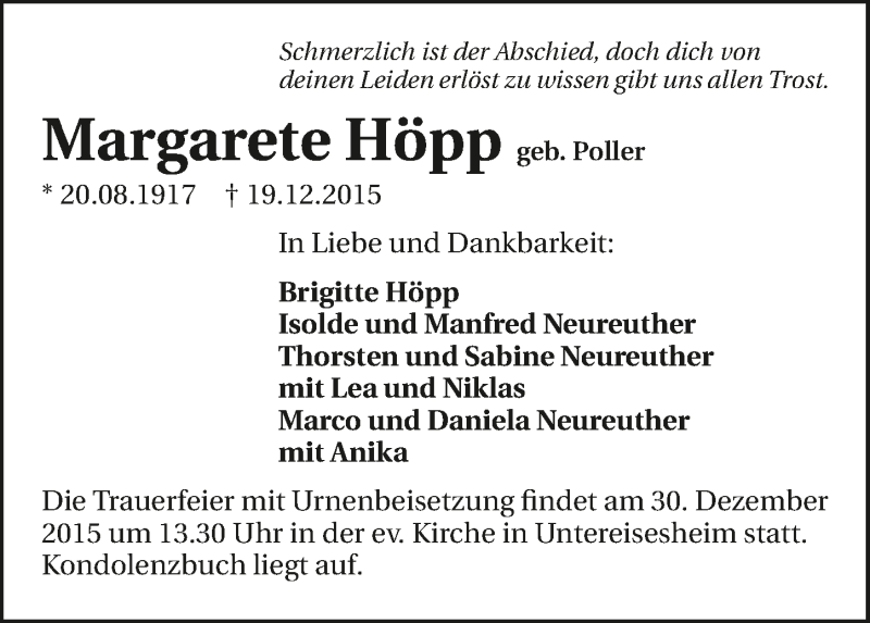 Traueranzeige für Margarete Höpp vom 28.12.2015 aus 