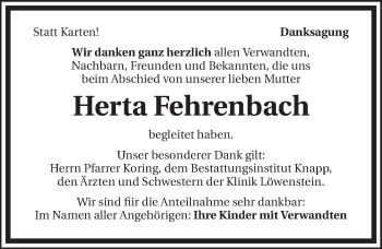 Traueranzeige von Herta Fehrenbach 