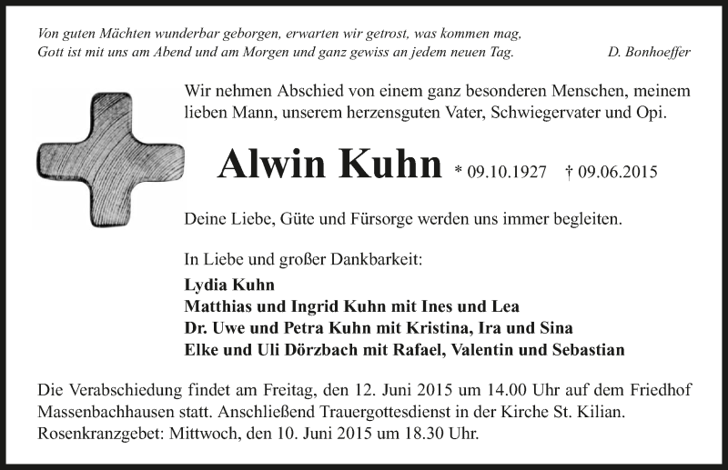  Traueranzeige für Alwin Kuhn vom 10.06.2015 aus 