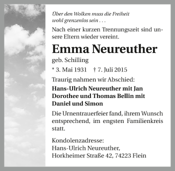 Traueranzeige von Emma Neureuter 