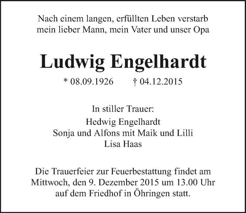  Traueranzeige für Ludwig Engelhardt vom 07.12.2015 aus 