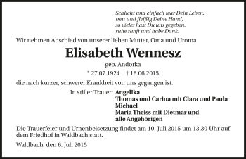 Traueranzeige von Elisabeth Wennesz 