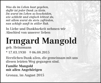 Traueranzeige von Irmgard Mangold 