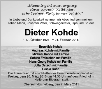 Traueranzeige von Dieter Kohde 