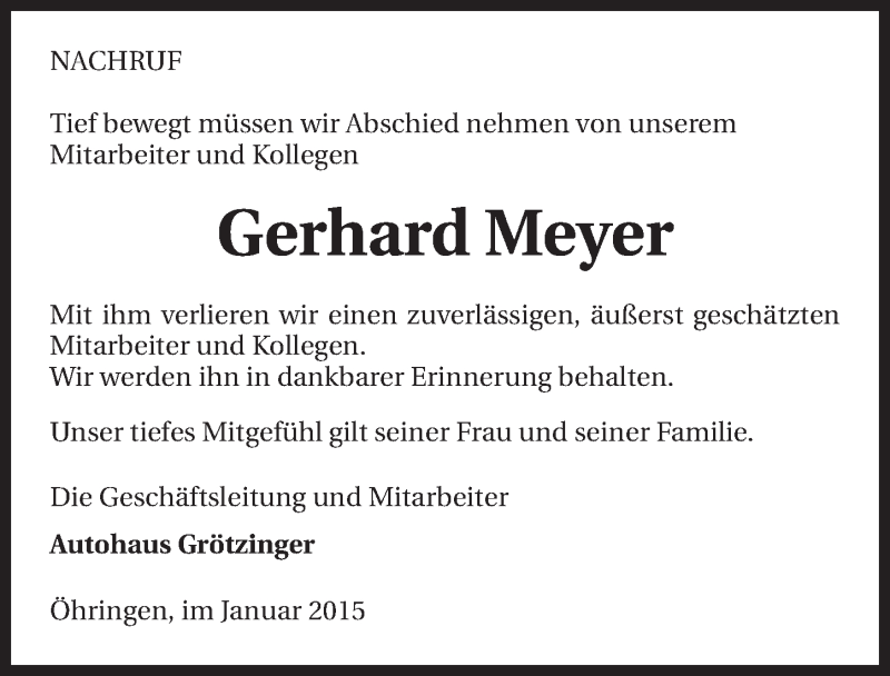  Traueranzeige für Gerhard Meyer vom 21.01.2015 aus 