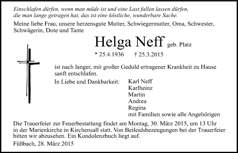  Traueranzeige für Helga Neff vom 28.03.2015 aus 