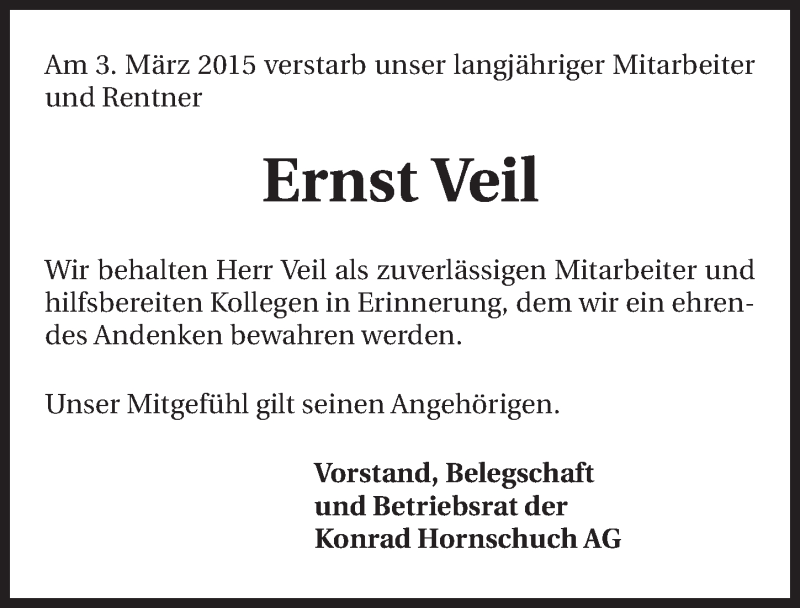  Traueranzeige für Ernst Veil vom 10.03.2015 aus 