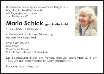 Traueranzeige von Maria Schick 