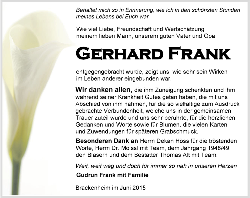  Traueranzeige für Gerhard Frank vom 26.06.2015 aus 