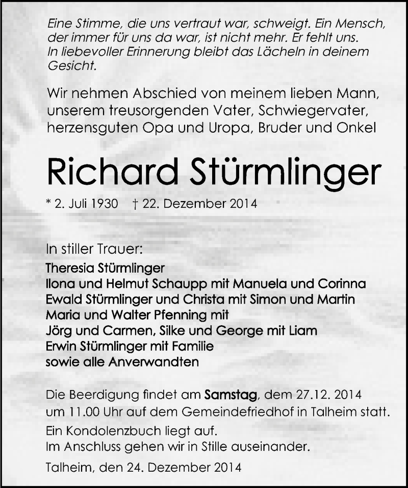  Traueranzeige für Richard Stürmlinger vom 24.12.2014 aus 