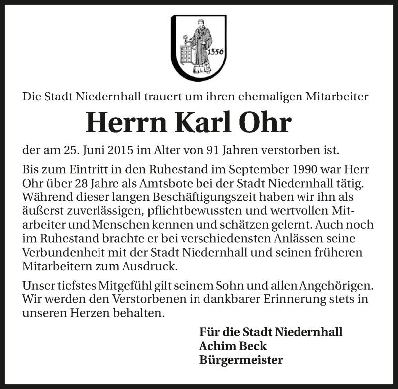  Traueranzeige für Karl Ohr vom 29.06.2015 aus 