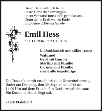 Traueranzeige von Emil Hess 