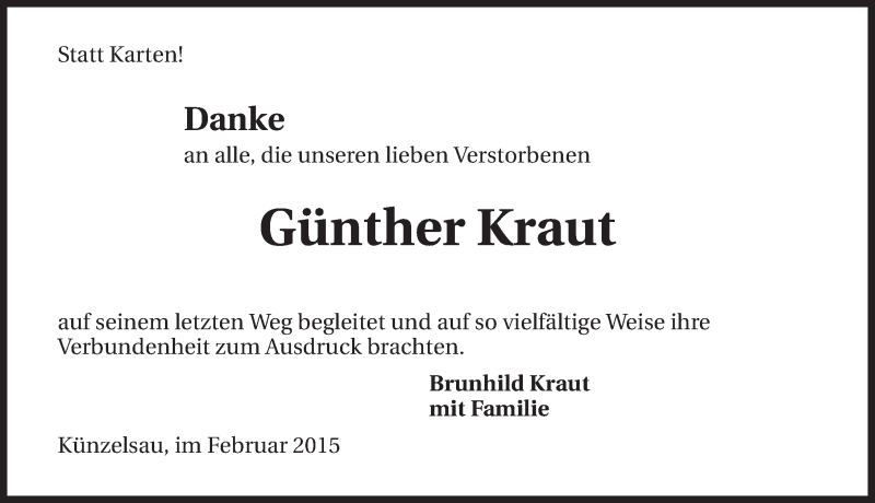  Traueranzeige für Günther Kraut vom 07.02.2015 aus 