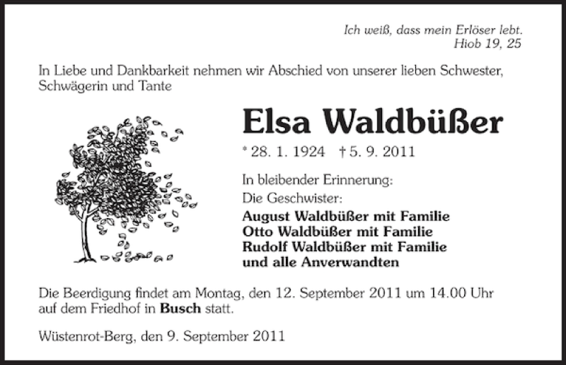  Traueranzeige für Elsa Waldbüßer vom 09.09.2011 aus 
