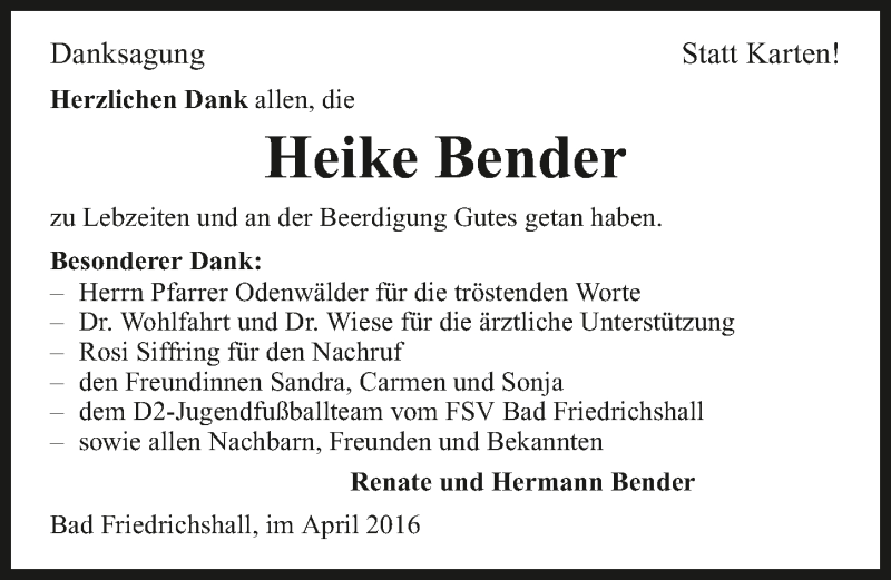  Traueranzeige für Heike Bender vom 23.04.2016 aus 