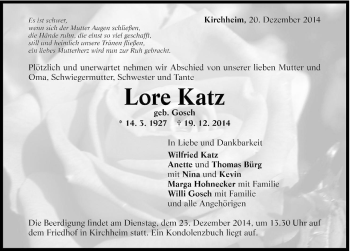 Traueranzeige von Lore Katz 