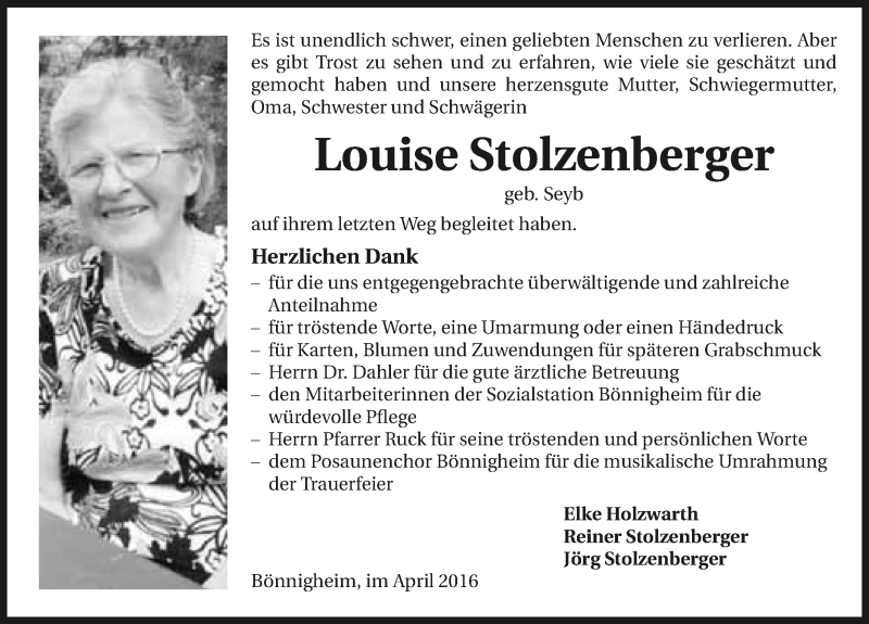  Traueranzeige für Louise Stolzenberger vom 09.04.2016 aus 